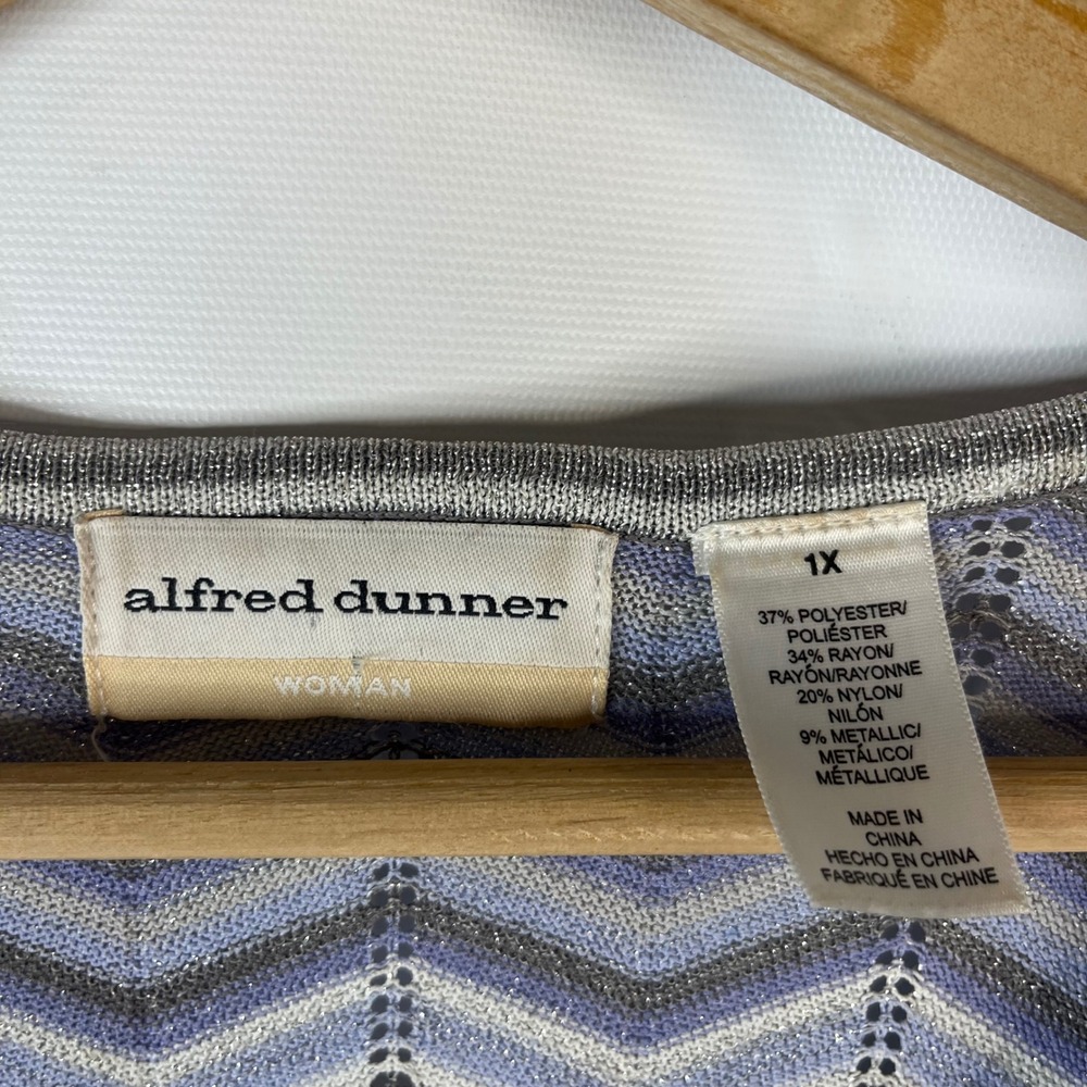 Alfred Dunner Knit Top Women 1X Blue Silver Chevron Metallic V-Neck 3/4 Sleeve - Picture 4 of 8